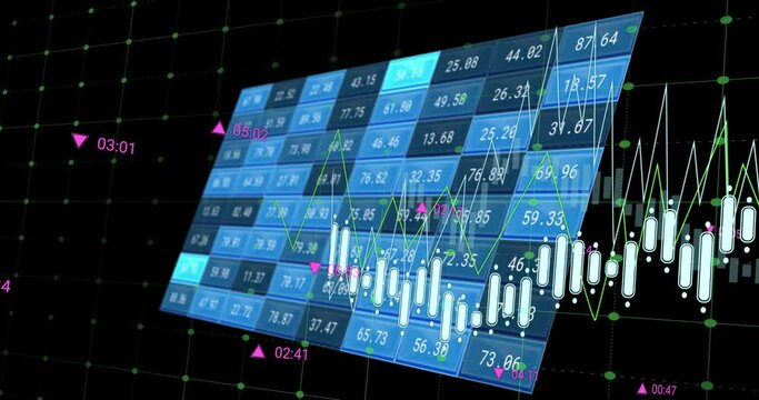 Animation of financial data processing over numbers changing on screens
