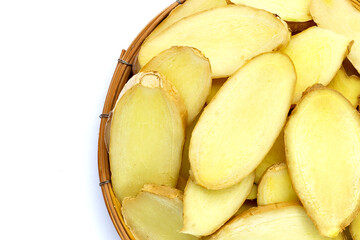 Ginger slices on a white background.