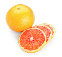 Whole and cut grapefruit on white background