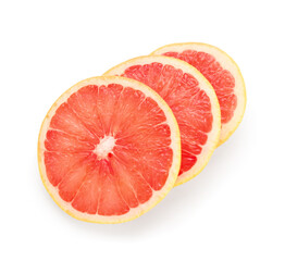 Slices of juicy grapefruit on white background
