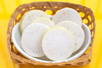 Sliced Japanese daikon. Fresh vegetables