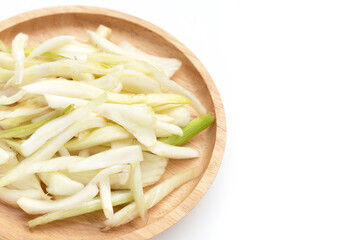 Sliced fresh fennel on white background.