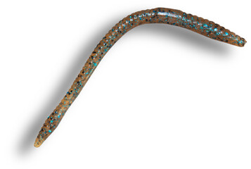 shadow behind a rubber fishing worm with tan color and colorful specks inside