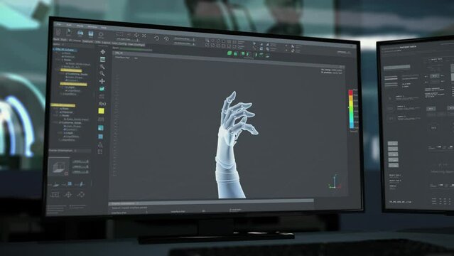 Modern program ui displaying the 3D connected robotic arm model. Computer program ui shows the connected parts of the virtual arm. Engineering program ui connecting the small details of a prototype.