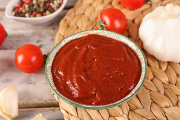 Wicker mat with bowl of tasty tomato paste on wooden background