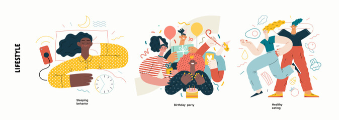 Lifestyle series - modern flat vector illustration of Birthday party, Healthy eating, Sleeping behaviour. People activities and behaviour methapors and hobbies concept
