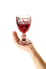Female hand holding glass of red wine isolated on white background