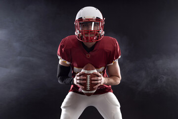 American football player teenager. Banner template for bookmaker ads. Mockup for betting...