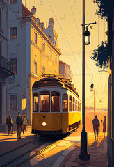 Lisbon yellow tram crossing city street, sunset, highly detailed, tranquil sky, peaceful. pastel - obrazy, fototapety, plakaty
