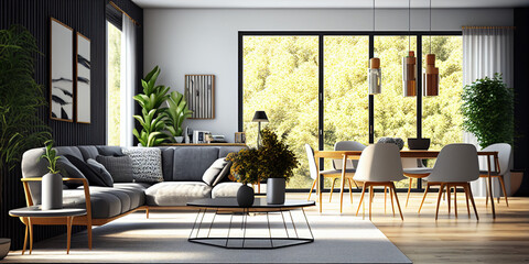 Obraz premium Interior of living room with sofa and table and chairs