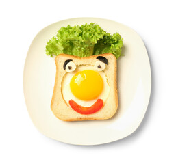 Plate with funny toast on white background