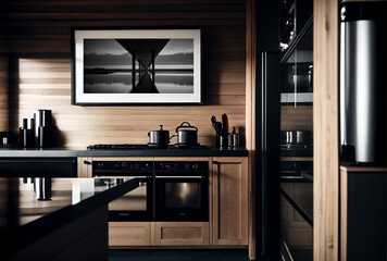 modern kitchen interior with picture on the wall