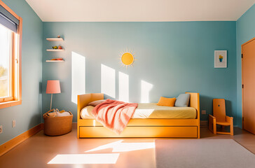 Modern children's colorful room with blue walls on a sunny day with sunlight through the windows with a mountain nature view. Generative AI.