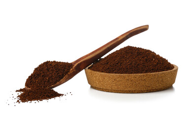 Bowl and spoon with coffee powder isolated on white background