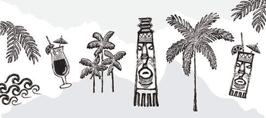 Set of hand drawn illustrations | Vectors | Tiki Themed Set of Sketched Elements | Beach, Drinks, Hawaii, Palm trees, Mountains, Tiki Mug