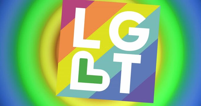 Animation of lgbt text over rainbow circles and colours moving on seamless loop
