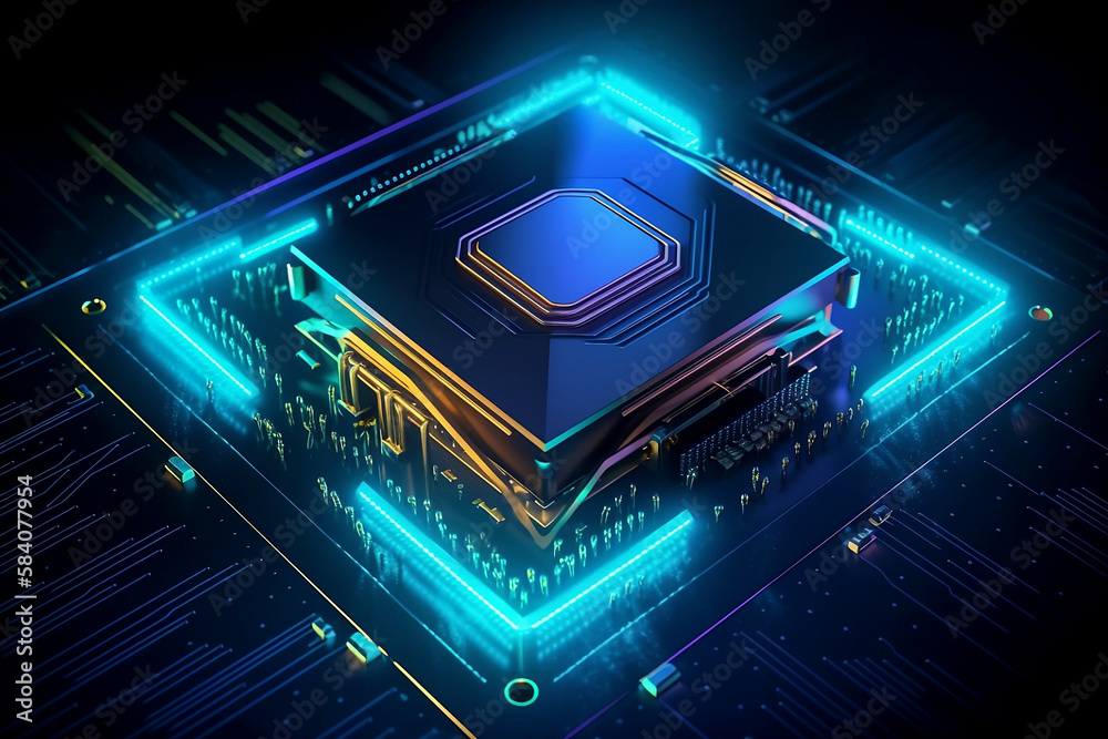 Poster futuristic blue neon microchip, data exchange and collection, smart new microchip concept. quantum c