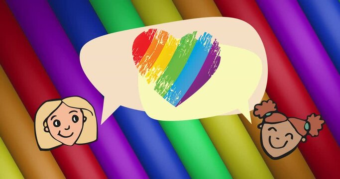 Animation of two girls chatting over rainbow heart and stripes and colours moving on seamless loop