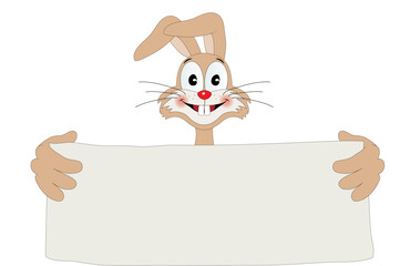 Fröhlicher Hase mit blanko Reklameschild,
Vektor Illustration isoliert auf weißem Hintergrund

