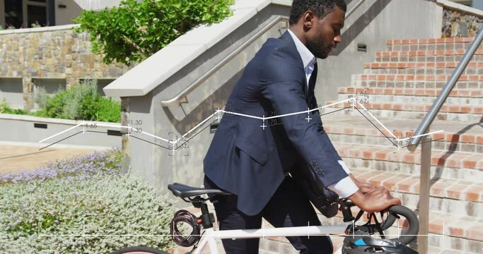 Animation of financial data processing over african american businessman with bike