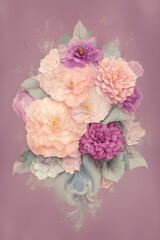 spring flower bouquet with peonies on a background of pastel pink flowers, generative AI.