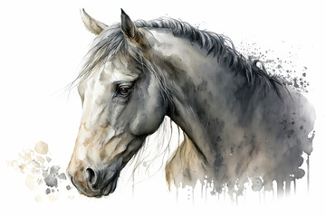 Generative AI. Horse head. Portrait of a grey horse. Watercolor illustration.