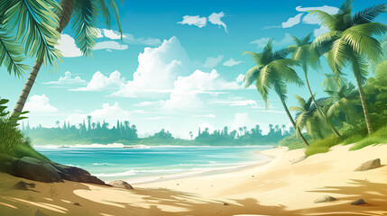 Beautiful Tropical beach with palm trees. Generative Ai.  Ocean Sky view, clouds, paradise, exotic. 
