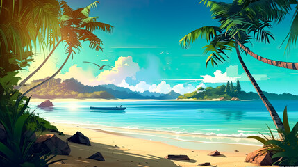 Obraz na płótnie Canvas Beautiful Tropical beach with palm trees. Generative Ai. Ocean Sky view, clouds, paradise, exotic. 