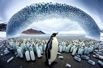 penguin with plastic environmental problem ecology animal protection and global warming excessive consumption of resources dirty water safe nature help, generative AI