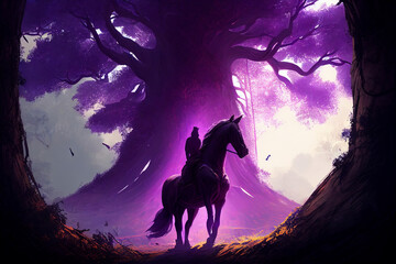 fantasy black horse with magic purple tree, Generative AI