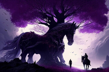 Obraz na płótnie Canvas fantasy black horse with magic purple tree, Generative AI