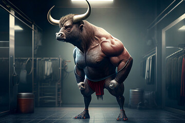 Fototapeta na wymiar muscular bodybuilder bull in dark gym, blue tones, Generative AI
