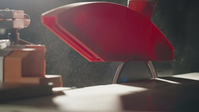 Close-up of carpenter cutting a wooden plank, circular saw on wooden factory, furniture production, handmade craft table.