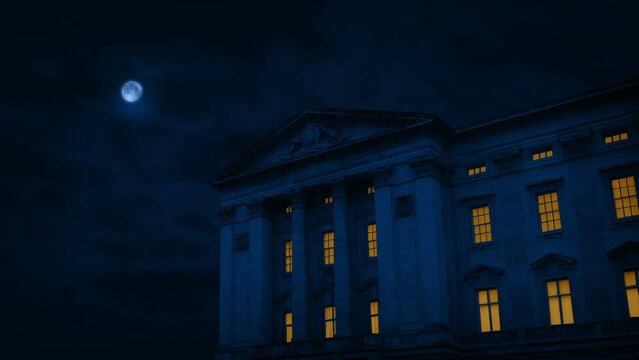 Mansion With Lights On With Moon Above