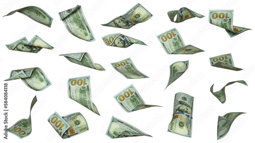 Aufkleber 3D rendering of 100 US dollar notes flying in different angles and orientations isolated on transparent png background