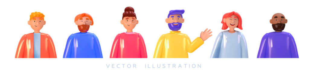 3d set, people smile on a white background. Close-up characters, man, woman, girl, guy. Vector illustration