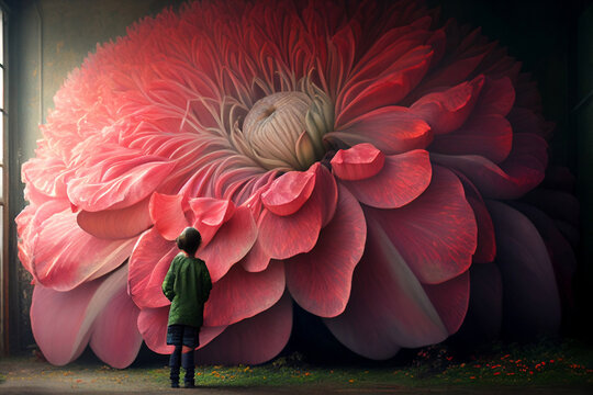 child smelling huge red pink flower, generative aii