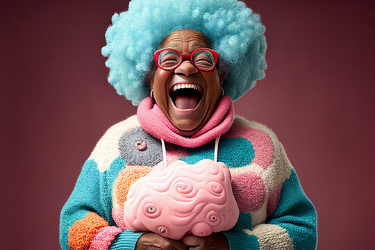 portrait of a funny laughing old woman in a colorful knitted sweater with blue hair, Generative AI