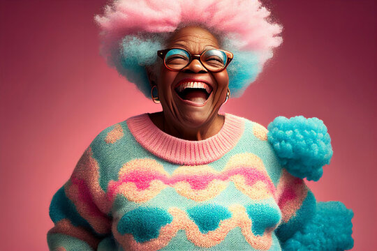 Portrait Of A Funny Laughing Old Woman With Pink Hair In A Colorful Knitted Sweater, Generative AI