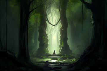 Obraz premium silhouette meditation in the cave forest magic light, clean mind, generative ai