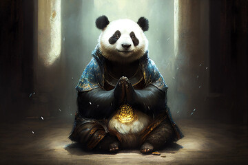 cute kind monk panda meditating deep clean mind meditation in nature, generative AI