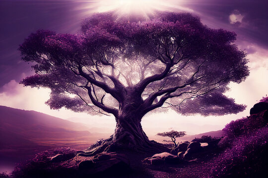 fantasy landscape with purple tree, energy meditation at sunset, Generative AI