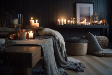 Living room decor with candles and blankets interior design background made by generative ai
