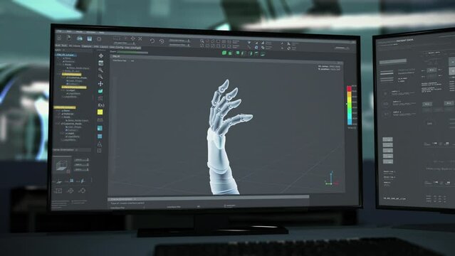 Modern cyber technology system creating a prototype of the robotic hand. Connecting the parts of the modern cyber technology prosthetic arm. Modern cyber technology assembling cyberware.