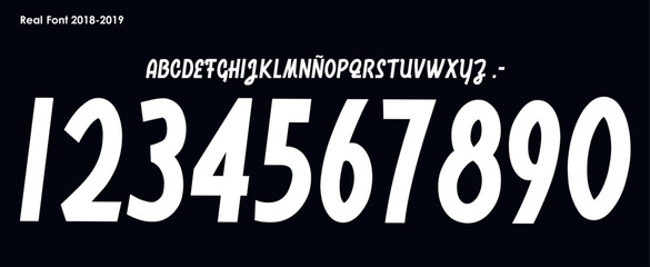 Obraz premium font vector team 2018 - 2019 kit sport style font. real madrid away font. football style Retro font. sports style letters and numbers for soccer team