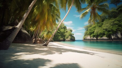 Naklejka na ściany i meble A Tropical Oasis: A Serene Beach with Towering Palms and Turquoise Waters, AI-Generated