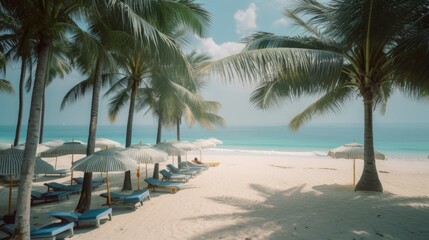 The Ultimate Relaxation: A Serene Tropical Beach with Towering Palms and Turquoise Waters, AI Generative