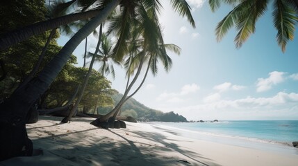 Fototapeta na wymiar Palm Fronds and Ocean Waves: A Serene Tropical Beach Getaway, AI-Generated 