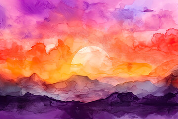 Abstract watercolor background sunset sky orange purple. - Colorful, artistic, creative, brush strokes, texture.