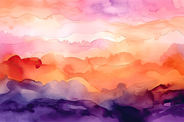 Abstract watercolor background sunset sky orange purple. - Colorful, artistic, creative, brush strokes, texture.